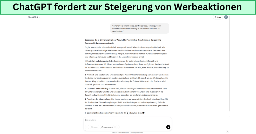 ChatGPT fordert zur Steigerung von Werbeaktionen und Verkäufen auf